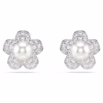 Ariana Grande x Swarovski stud earrings Crystal pearl, Round cut, Flower, White, Rhodium plated