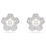 Ariana Grande x Swarovski stud earrings, Crystal pearl, Round cut, Flower, White, Rhodium plated