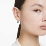 Bella V drop earrings, Round cut, Blue, Rhodium plated - Image 2