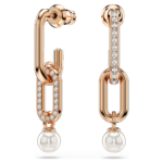 Constella drop earrings, Crystal pearl, Round cut, White, 18K rose gold finish