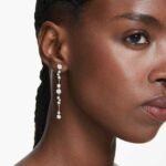 Constella drop earrings, Crystal pearl, Round cuts, White, Rhodium plated - Image 2