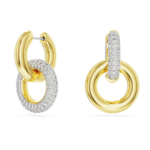 Dextera hoop earrings, Asymmetrical design, Interlocking loop, White, 18K gold finish