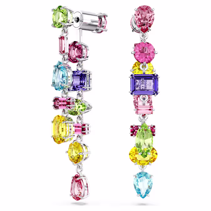 Gema drop earrings Asymmetrical design, Mixed cuts, Long, Multicoloured, Rhodium plated