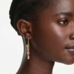 Gema drop earrings, Asymmetrical design, Mixed cuts, Pink, 18K gold finish - Image 2