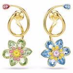 Idyllia drop earrings Asymmetrical design, Mixed cuts, Flower, Multicoloured, 18K gold finish - Image 3