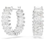Matrix hoop earrings, Baguette cut, White, Rhodium plated