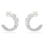 Matrix hoop earrings, Crystal pearl, Round cut, White, Rhodium plated