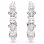 Matrix hoop earrings Crystal pearl, Round cut, White, Rhodium plated