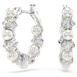 Matrix hoop earrings, Crystal pearl, Round cut, White, Rhodium plated