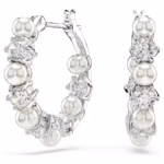 Matrix hoop earrings Crystal pearl, Round cut, White, Rhodium plated - Image 3