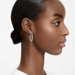 Matrix hoop earrings, Round cut, White, Rhodium plated - Image 2