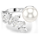 Mesmera open ring, Crystal pearl, Marquise cut, White, Rhodium plated