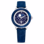 Octea moon watch Swiss Made, Moon, Leather strap, Blue, Stainless steel