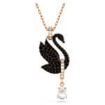 Swan pendant, Swan, Black, 18K rose gold finish