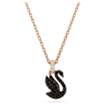 Swan pendant, Swan, Small, Black, 18K rose gold finish