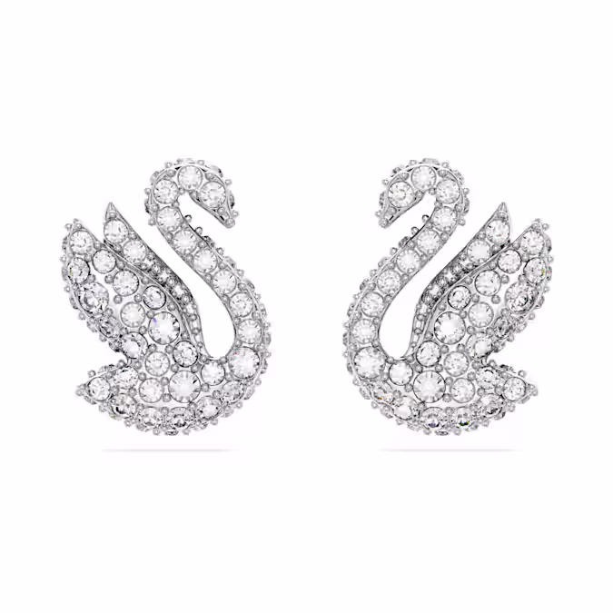 Swan stud earrings Swan, White, Rhodium plated