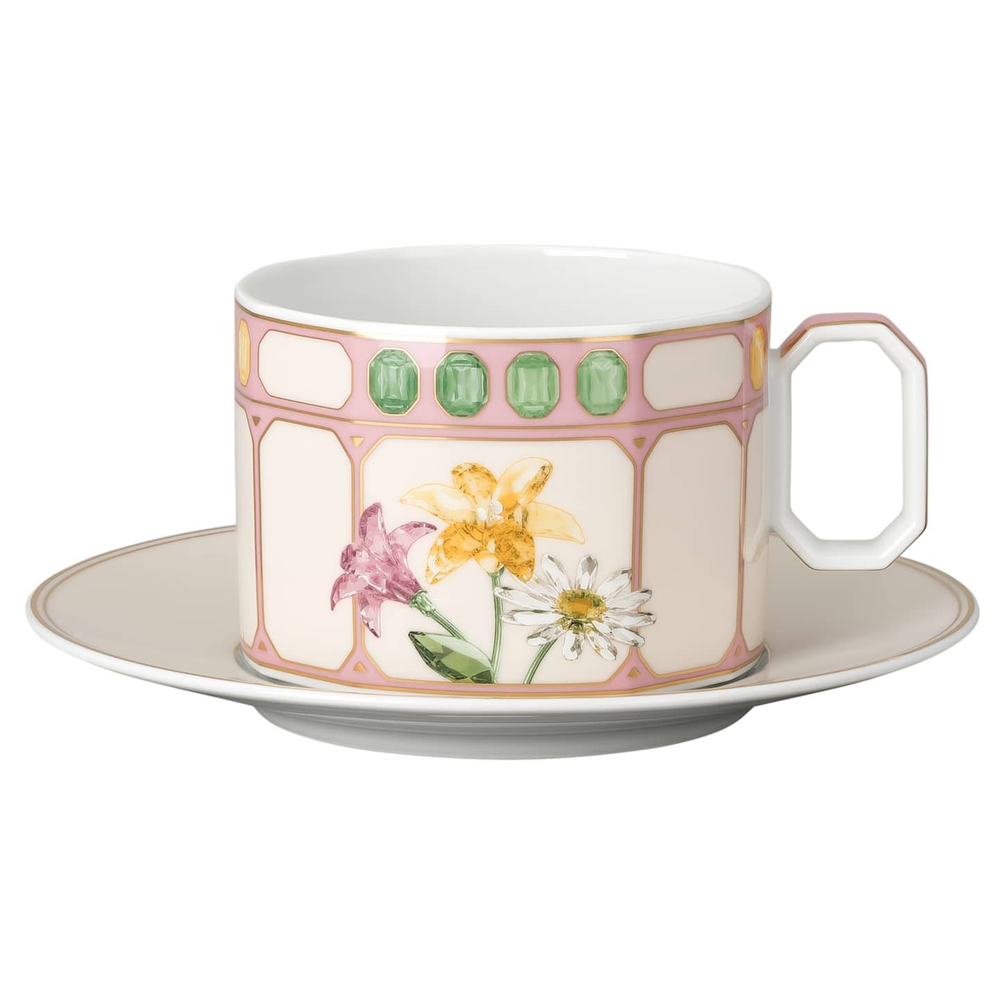 Idyllia combi cup with saucer Porcelain, Crystal print motif, bouquet, Multicoloured