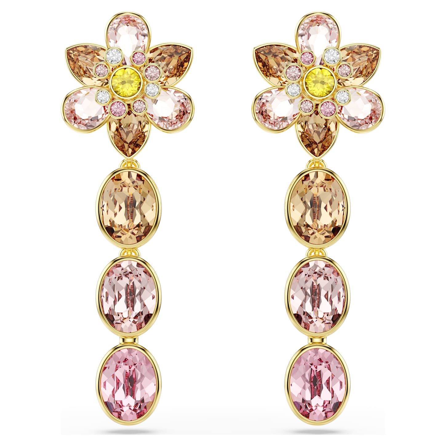 Idyllia drop earrings Mixed cuts, Flower, Multicoloured, 18K gold finish
