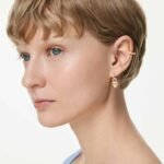 Idyllia drop earrings with ear cuff Mixed cuts, Heart with key, Pink, 18K gold finish - Image 6