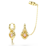 Idyllia drop earrings with ear cuff Mixed cuts, Heart with key, Pink, 18K gold finish - Image 7