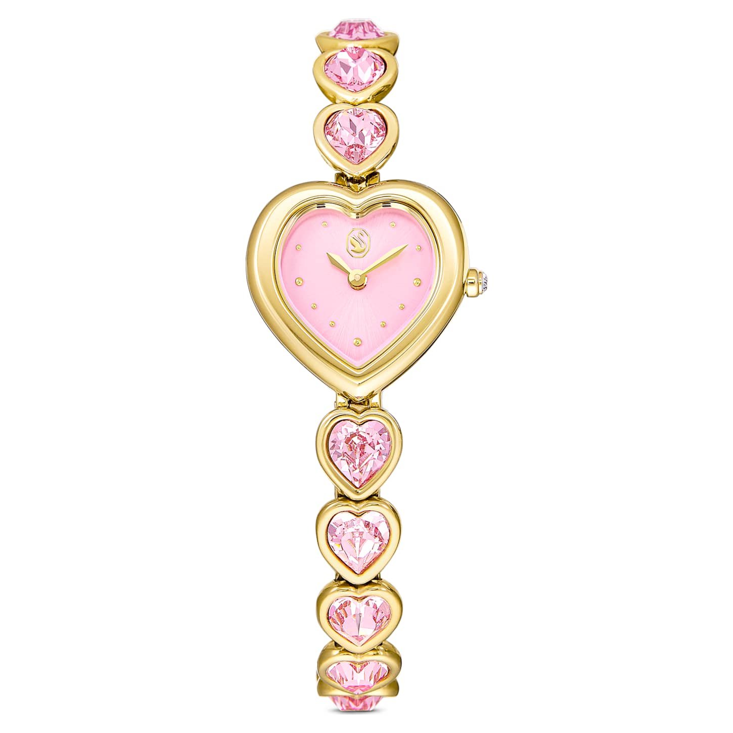 Idyllia Heart watch Crystal bracelet, Pink, Gold-tone finish