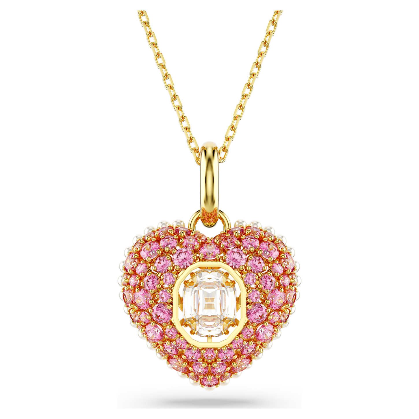 Idyllia pendant Octagon cut, Crystal pearl, Heart, Pink, 18K gold finish