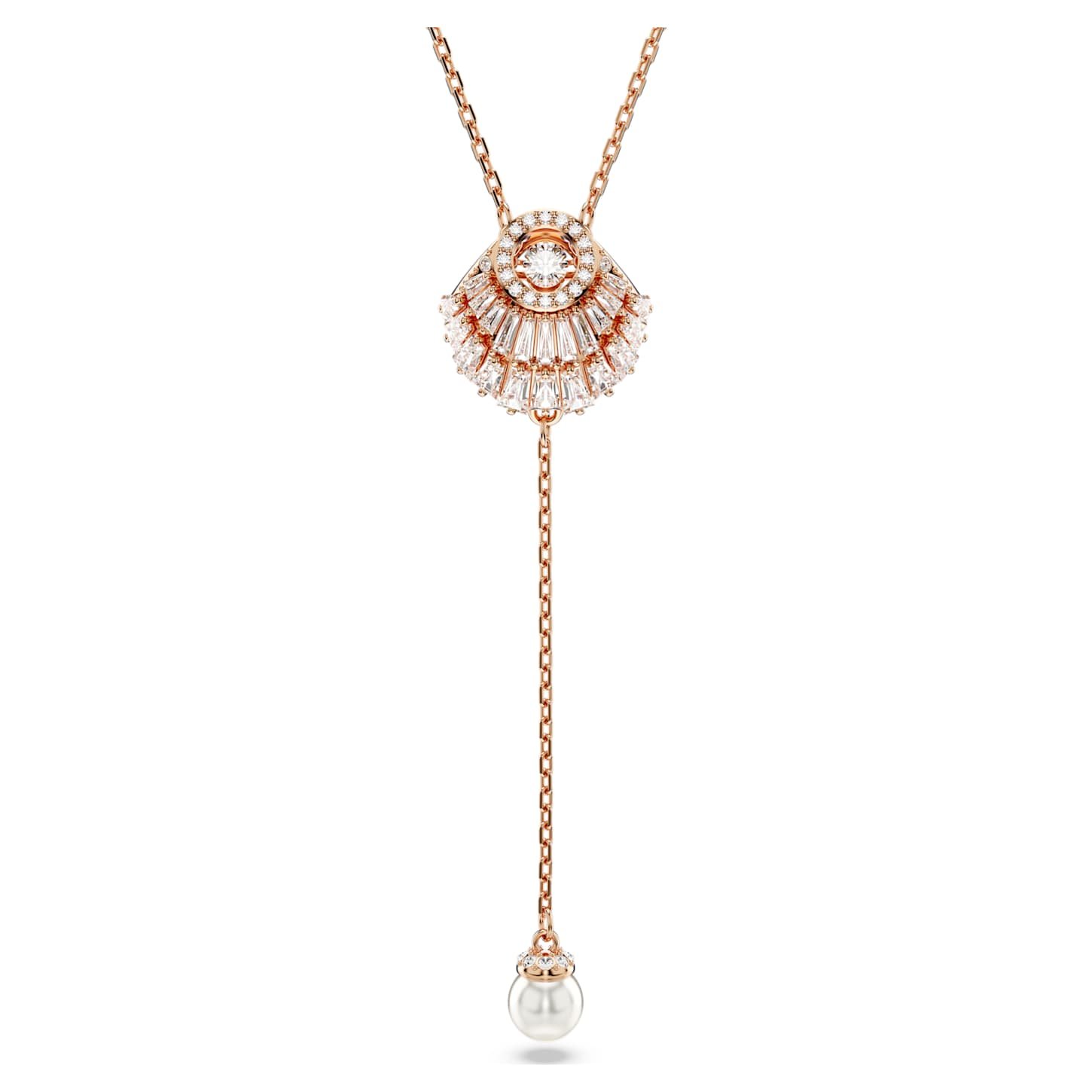Idyllia Y pendant Crystal pearl, Shell, White, 18K rose gold finish