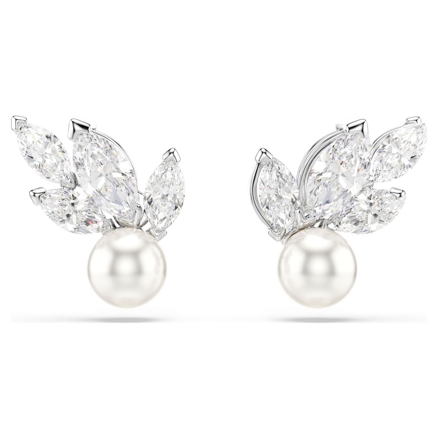 Louison Pearl stud earrings Leaf, White, Rhodium plated