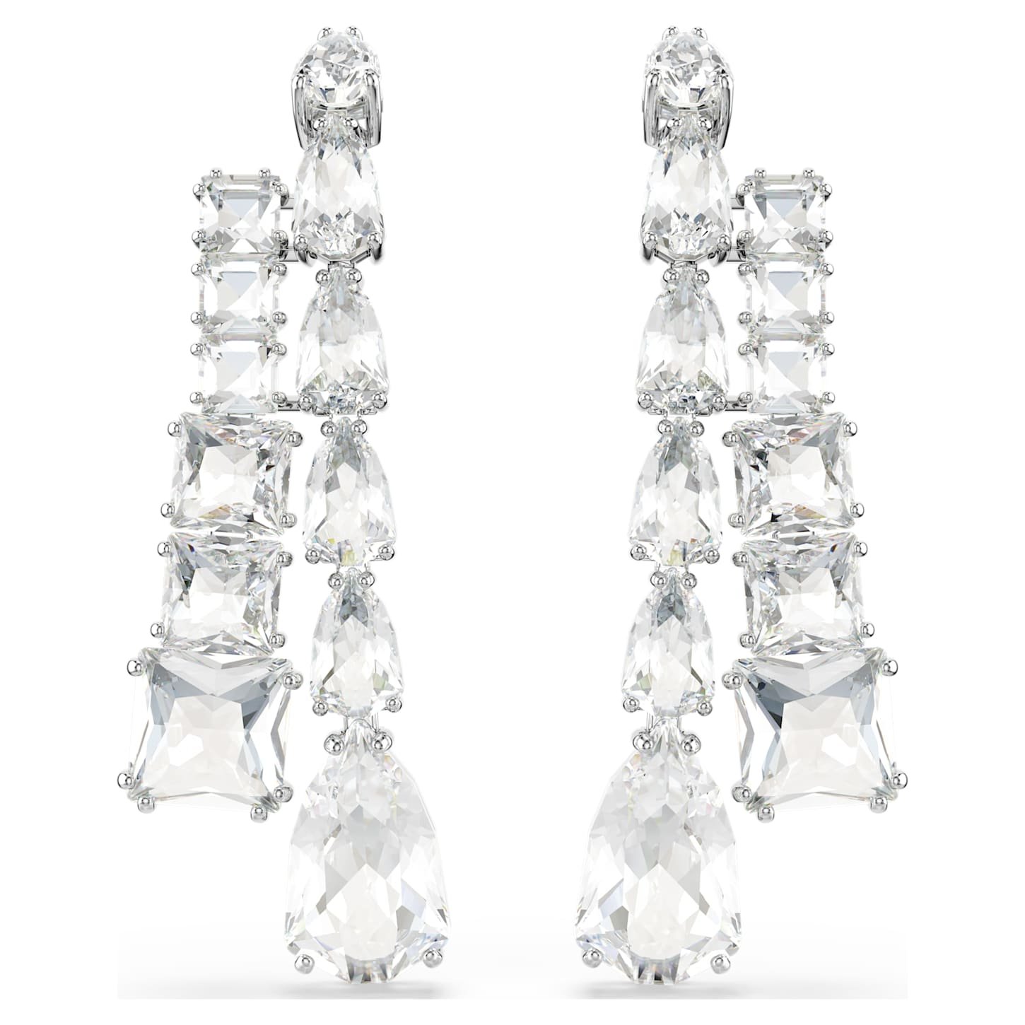 Matrix drop earrings Mixed cuts, White, Rhodium plated