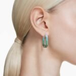 Matrix hoop earrings Baguette cut, Octagon shape, Colour gradient, Green, Rhodium plated - Image 2