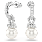 Originally drop earrings Crystal pearl, Pavé, White, Rhodium plated