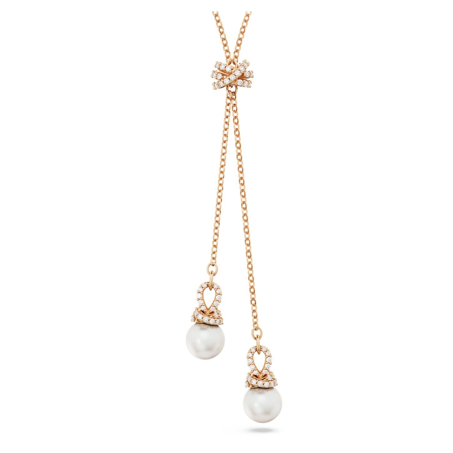 Originally Y pendant Crystal pearl, White, 18K rose gold finish